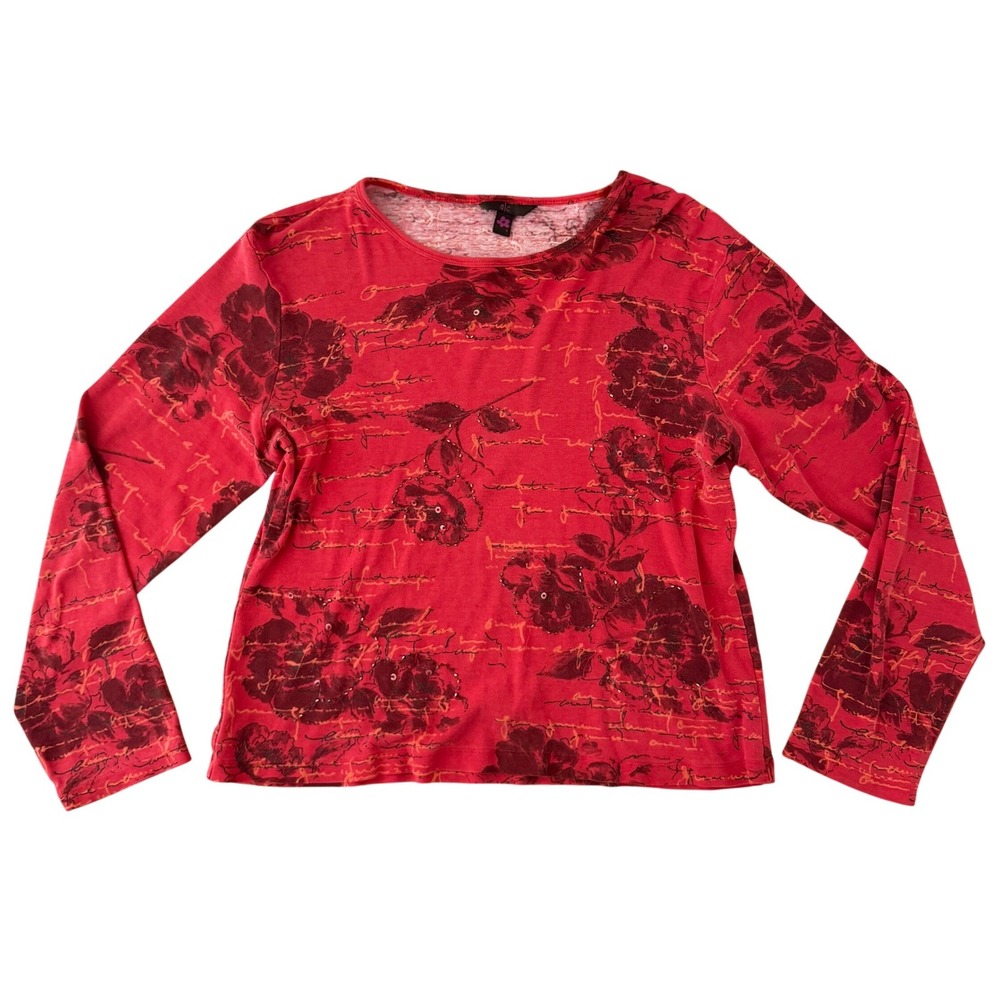 Y2K Floral Long‎ Sleeve Top Womens L Cotton Red Beaded Script Indie Grunge Tee